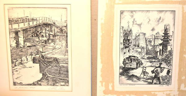 Alec Stern; Pair of 20thC. Etchings Signed: Pair of drypoint etchings. S.F. - Fishermen's Wharf and East and West - San Francisco. Each signed and inscribed with titles; 7.5in. X 5.5in. - 8in. X 6in.(image size)