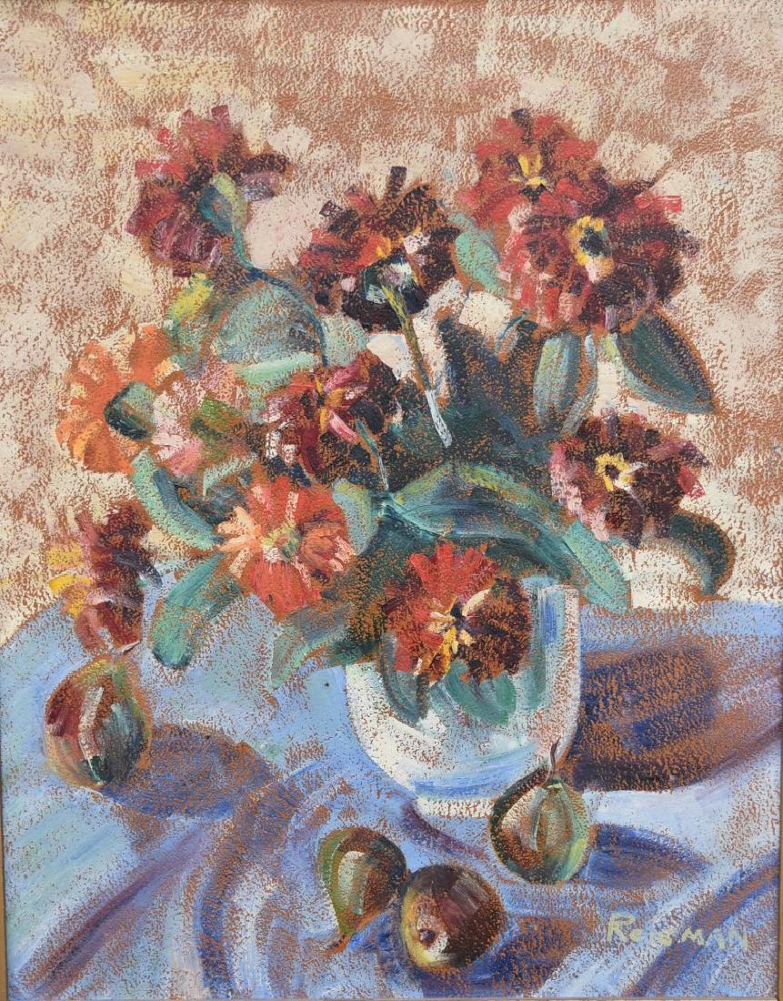 Philip Reisman; 20thC. American Oil Still Life Signed: Oil on board. A Still Life - Flowers and Fruit on a Table. Signed l.r.; 20in. X 16in.