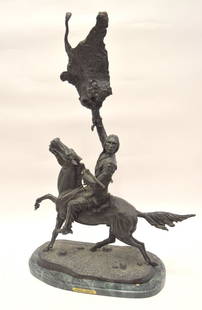 Frederic Remington(after); Bronze Grouping - Buffalo: Bronze grouping. Buffalo Signal. After Remington. Inscribed. Marble base; 38in.H. x 24in.W.
