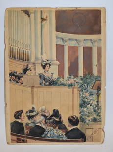 A. R. Husenett; 19thC. American Watercolor Signed: Watercolor on board. A Recital. Signed l.r. and stamped on reverse Academy of Designs Exhibition 1899; 20in. X 14.5in.