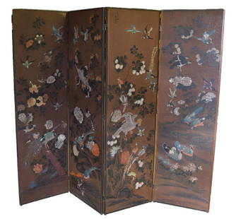 19thC. Chinese Four(4) Panel Painted Screen: Four(4) panel painted screen. Depicting a garden setting with birds, fowl and foliage. Each panel signed; 68.5in.H. x 80in.W.