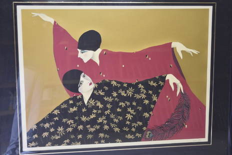Roberto Dortol; 20thC. Art Deco Serigraph Signed: Serigraph on heavy paper. Two Dancers. Pencil signed and numbered 32/300; 26.5in. X 35in.(image size), 40in. X 49.5in.(overall)