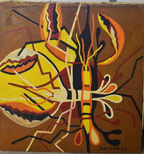 Kazann; 20thC. Modernist Oil Abstract Composition: Oil on canvas. Abstract Composition with Lobsters. Signed l.r. and dated '55; 50in. X 48in.