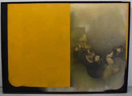 Richard Vaux; 20thC. Modernist Oil Landscaspe Signed: Oil on vinyl. Landscape with Yellow Screen. Signed l.r. and dated 1970. Old label affixed to backing; 51in. X 70in.