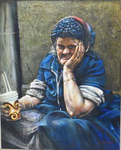 Ron Workman; 20thC. American Oil Portrait Signed: Oil on canvas. NYC Bag Lady. Signed l.r. Having brass plaquard with title; 30in. X 24in.(Long Island artist)