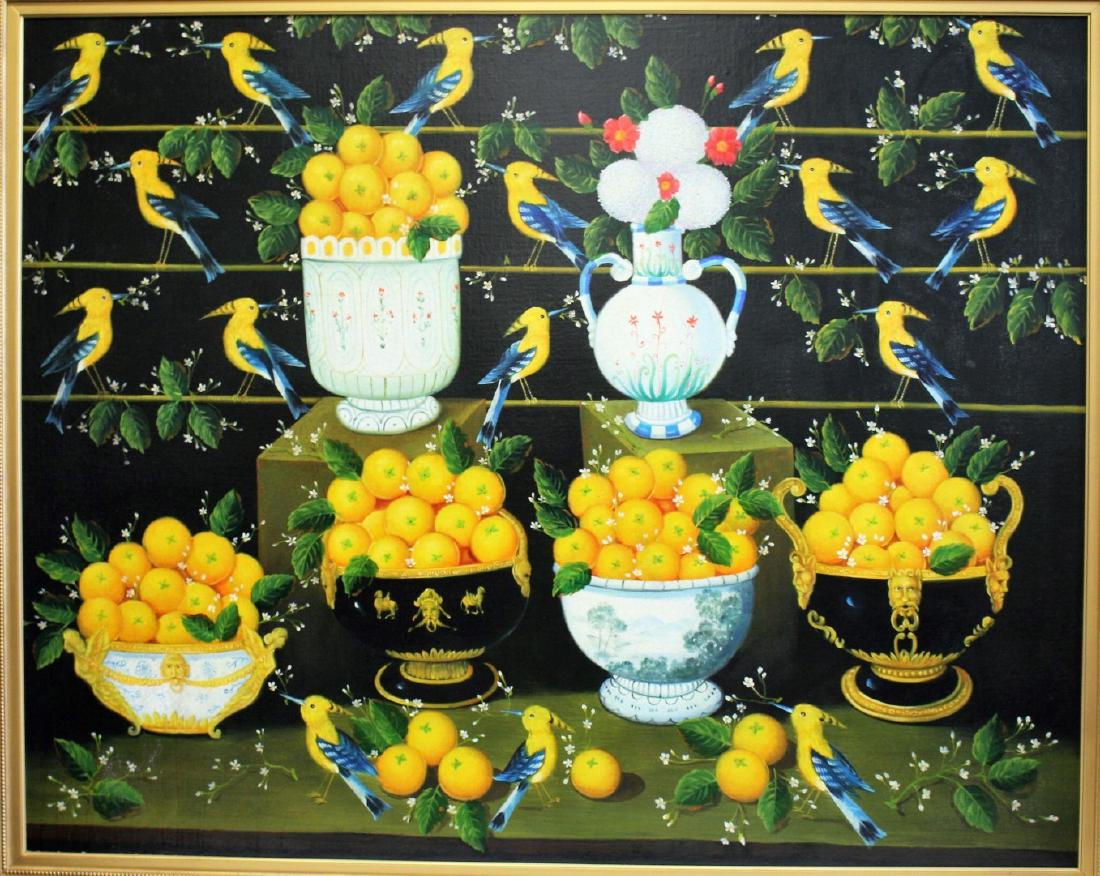 Studio of Miguel Canals; 20thC. Oil - Still Life: Oil on canvas. A Still Life - Birds and Lemons. Signed. Well framed; 40in. X 50in.