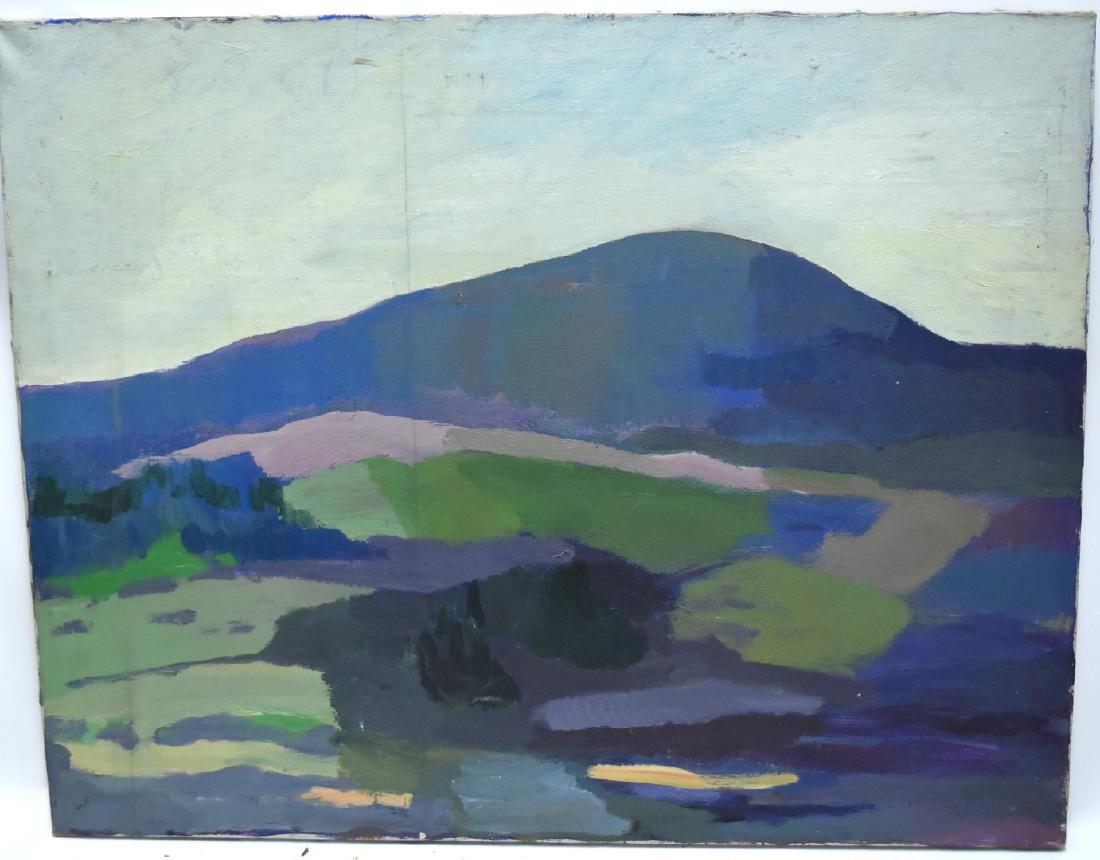 Wolf Kahn(manner of); 20thC. Modernist Oil Landscape: Oil on canvas. Mountaineous Landscape; 30in. X 38in.