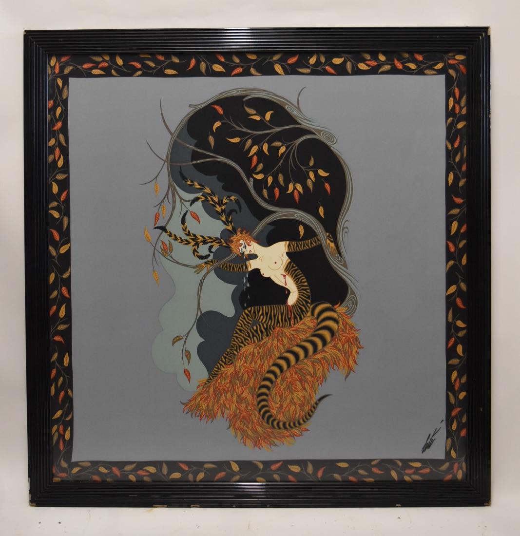 Framed Erte Silk Scarf Signed: Large silk scarf by Erte. Signed. Framed ; 38.5in. X 37.5in.