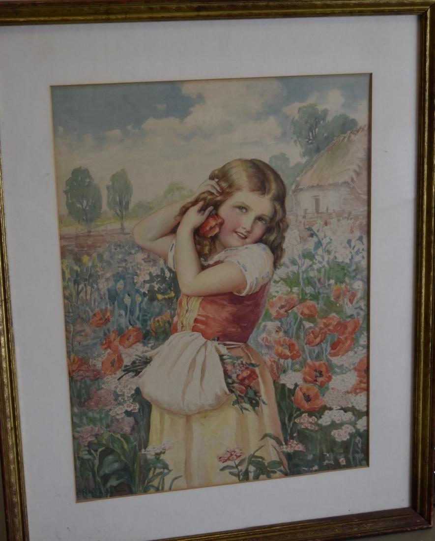 19thC. Continental School; Watercolor - Girl in a: Watercolor on paper. Young Girl in a Garden. Signed illegibly l.r.; 19.5in. X 14.5in.(image size)