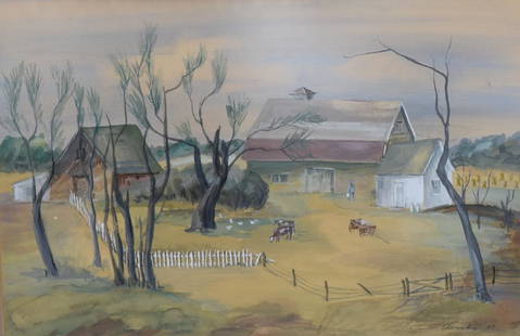 Edwards; 20thC. American Mixed Media - A Midwest Farm: Watercolor and gouache on paper. A Midwest Farm. Signed l.r. and dated '43; 13in. X 19.5in.(image size)