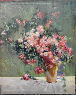 William Ferdinand Metzkes; American Oil Signed: Oil on canvas. Pink Rambler Roses. Signed u.r. and titled on reverse. Pittsburgh, Pa. artist - born 1884; 40in. X 32in.