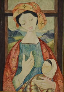 Marrugat; 20thC. Spanish Gouache - Mother and Child: Gouache on paper. Mother and Child. Signed l.r. Gallery label affixed to reverse; 22.5in. X 16in.(image size)