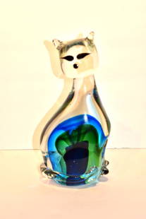 Seguso, Murano Art Glass Siamese Cat: Art glass Siamese cat. Internal multi-colored decoration; 8in.H. x 4in.W.