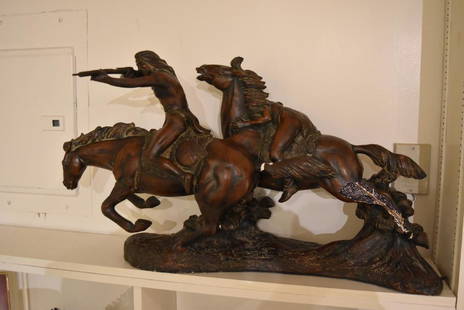 S. Bayres; American Painted Plaster - The Raid: Painted plaster. The Raid. Inscribed S. Bayres, titled The Raid and impressed Florentine Art Studios; 19in.H. x 34in.W. x 16in.D. (needing restoration)