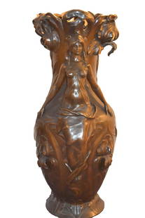 Francois Moreau; 19thC. Art Nouveau Bronzed Figural: Bronzed metal Art Nouveau vase. Semi-nude woman emerging from the a garden of iris. Inscribed Francois Moreau; 34in.H. x 15.5in.W.