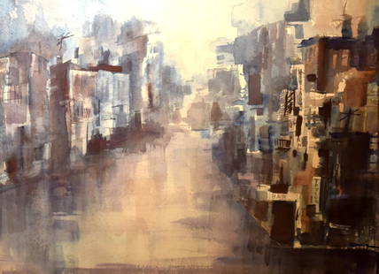 Lucy Taylor; 20thC. American Watercolor - Cityscape: Watercolor on paper. Cityscape by Lucy Taylor. Artist's address label affixed to backing; 14in. X 19in.(image size)