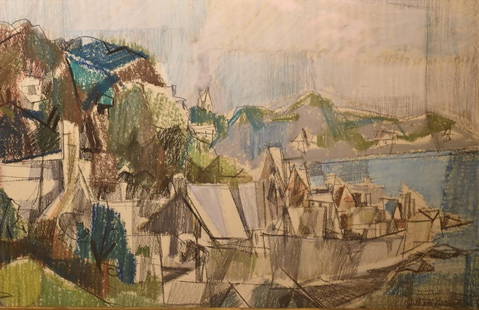 Will(William)Barnett; 20thC. Modernist Mixed Media: Mixed media on paper. Coastal Town. Signed l.r.; 9in. X 14in.(image size)