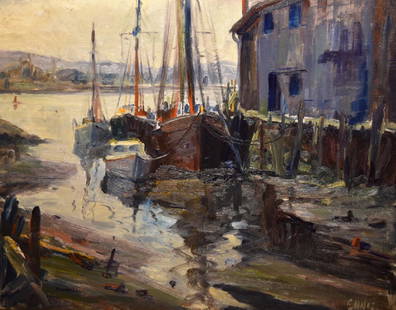 George Pearse Ennis; 20thC. American Oil - Eastport: Oil on canvasboard. Eastport Docks. Signed l.r. and inscribed with title on reverse; 16in. X 20in.
