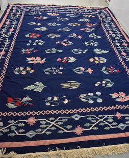 Arts & Crafts Flat Weave Room-Size Carpet: Handmade flat weave carpet. Blue ground with geometric and floral design; 9ft. X 11ft.