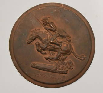 Frederic Remington; American Western Brass Plaque: Brass relief plaque. The Cheyenne. Inscribed Frederic Remington and impressed Roman Bronze Works, NY; 5.5in.D.