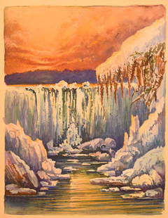William Bradford; American Watercolor - Frozen: Watercolor heightened with gouache on paper. Frozen Waterfall. Signed l.l. and dated '66; 7in. X 5.5in.(image size), 10.75in. X 8.75in.(overall)