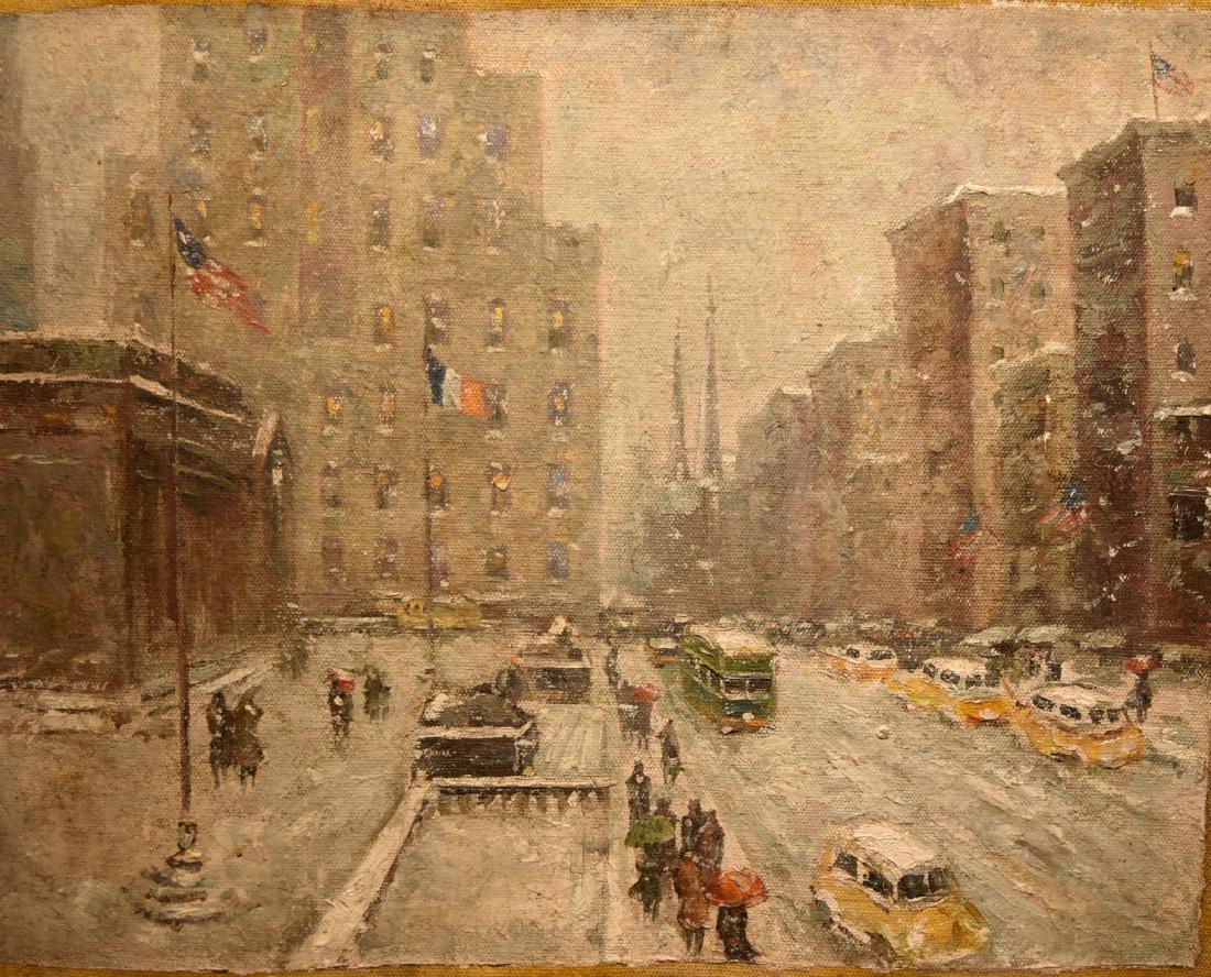 Guy Wiggins(attr.to); American Oil -NY Public Library: Oil on canvas(unstretched). NY Public Library in Winter. Attributed to Guy Wiggins; 16in. X 20in.(image size), 19in. X 24.5in.(unstretched canvas)
