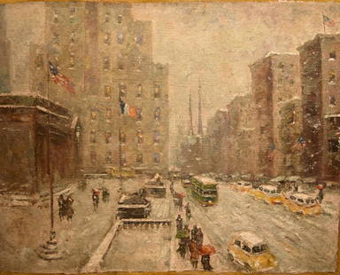 Guy Wiggins(attr.to); American Oil -NY Public Library: Oil on canvas(unstretched). NY Public Library in Winter. Attributed to Guy Wiggins; 16in. X 20in.(image size), 19in. X 24.5in.(unstretched canvas)