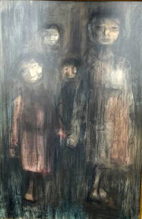 20thC. Latin American Mixed Media Signed: Mixed media on paper. La Familia. Signed illegibly l.l.; 29in. X 18.5in.(image size)