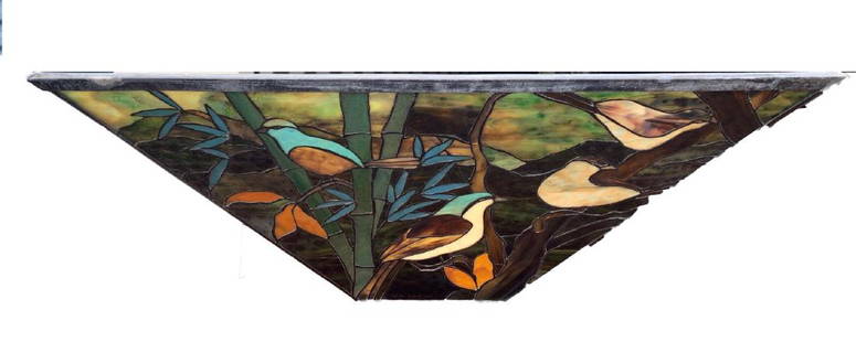 20thC. Leaded Glass Hanging Fixture: Leaded hanging fixture. Birds in a tropical landscape. Artist signed Wade Sabat and dated 1990; 8.5in.H. x 24.5in.W.