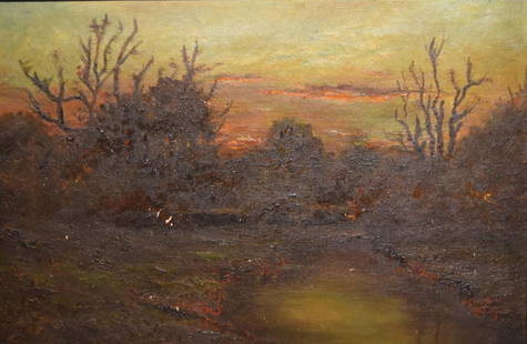 19thC. American School; Oil - Evening Landscape: Oil on canvas. Evening Landscape. Attributed to Hudson Kitchell; 12in. X 18in.(Period gessoed wood frame with original gilt finish)