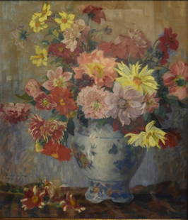 Maria Palmie; 20thC. German Pastel Signed: Pastel on paper. A Still Life - Flowers in an Oriental Vase. Signed l.m. and inscribed Munchen; 32in. X 28in.