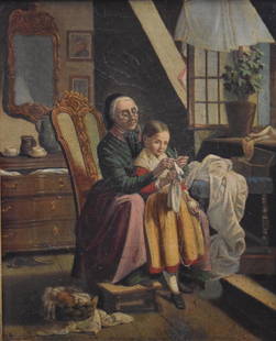 Seymour J. Guy(after)19thC. Chromolithograph - The: Chromolithograph on canvas. The Knitting Lesson. After Seymour J. Guy. Period American frame; 12.5in. X 10.5in.