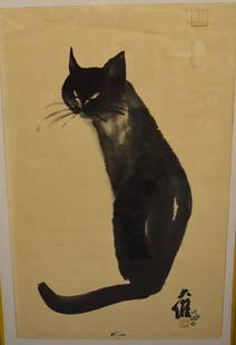 Kim; 20thC. Japanese Print - Seated Cat: Japanese print. Seated cat. Signed in plate; 27.5in. X 17.5in.(paper)