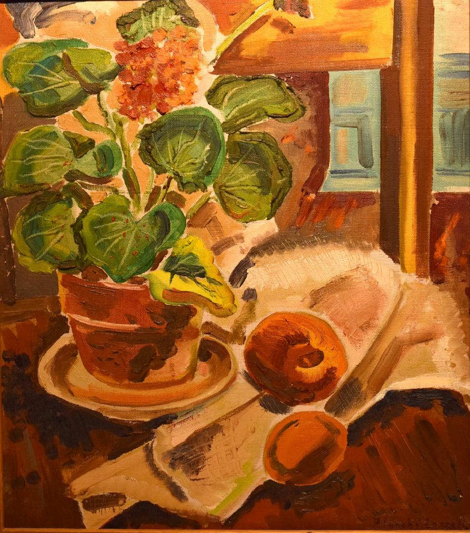 Blanche Lazzell; 20thC. American Oil - Still Life: Oil on canvas. A Still Life - Pot of Geraniums and Fruit by a Window. Signed l.r. Circa 1930's; 17in. X 15in.