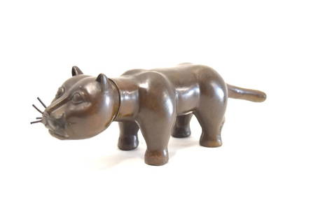 Fernando Botero(after); Bronze Cat: Bronze cat. Inscribed Beyote; 3.5in.H. x 12in.L.