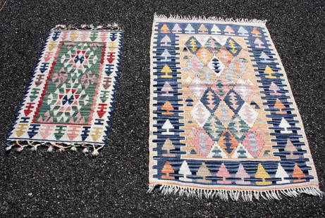 Two(2) Kilim Scatter Rugs: Two(2) flat woven kilim scatter rugs; 19in. X 34in. - 31in. X 48in.