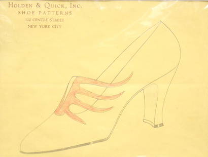 Andy Warhol(after); 20thC. Mixed Media - Shoe Design: Graphite and colored pencil on paper. Shoe Design for Holden & Quick, Inc. Shoe Patterns 120 Cetre Street New York City; 6in. X 8in.(image size)