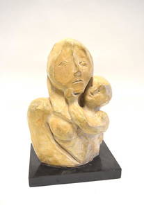 20thC. Modernist Painted Plaster Sculpture Signed: Painted plaster grouipng. Mother and Child. Signed illegibly. Laminated base; 14in.H. x 9in.W.