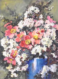 20thC. American School; Watercolor - Floral Bouquet: Watercolor on board. A Still Life - Floral Bouquet. Signed with initials l.l.; 11.5in. X 8.25in.(image size) Ex. Collection: Newman Galleries Philadelphia, PA