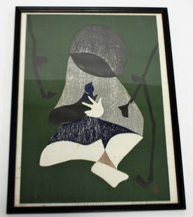 Kaoru Kawano; 20thC. Japanese Modernist Wooblock Print: Woodblock print. Conversation. Pencil signed, titled and numbered 40/50; 23.75in. X 18in.(image size)