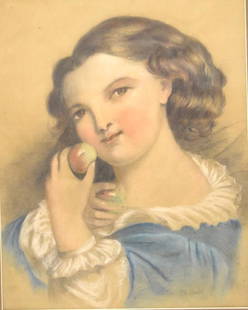 Charles Allen Duval; French Drawing - Young Girl Signed: Charcoal and pastel on paper. Young Girl with Fruit. Signed l.r.; 16.5in. X 13in.(image size)