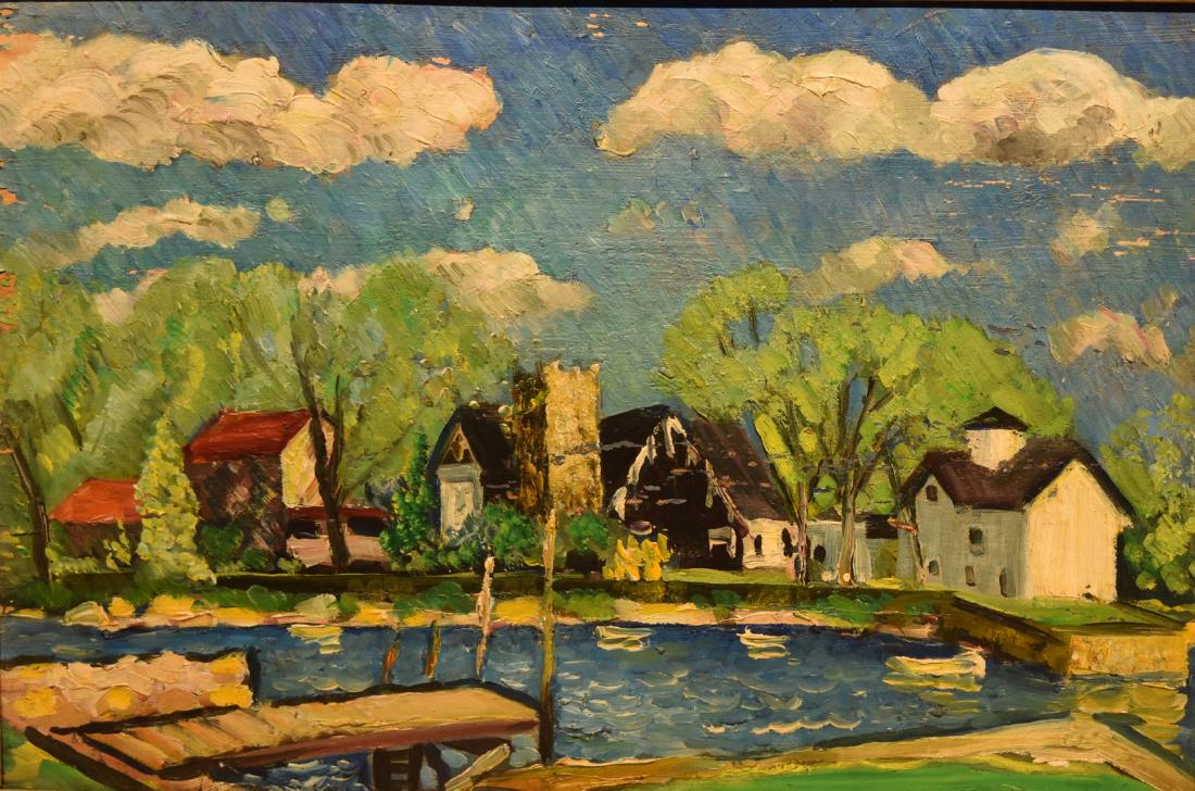 Hayley Lever; 20thC. American Oil - Swimming Hole: Oil on panel. Swimming Hole - (possibly Woodstock, NY) . Signed on reverse; 10in. X 15in.