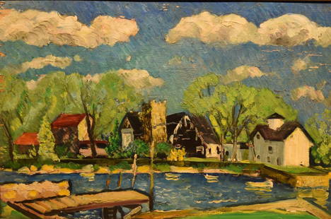 Hayley Lever; 20thC. American Oil - Swimming Hole: Oil on panel. Swimming Hole - (possibly Woodstock, NY) . Signed on reverse; 10in. X 15in.