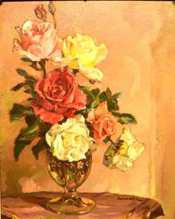 Fritz Werner; 20thC. American Oil - Still Life Signed: Oil on masonite. A Still Life - Roses in a Vase. Signed l.r. and inscribed on reverse; 20in. X 16in.