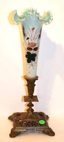 Victorian Bronze and Glass Epergne: Cased glass eperne. Enameled floral deocration. Ornate bronze base15in. H.