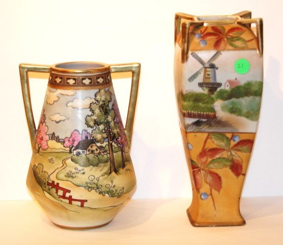 Two(2) Nippon Porcelain Vases: Hand painted porcelain vases. Marked at underside; 8.5in. -11in. H.