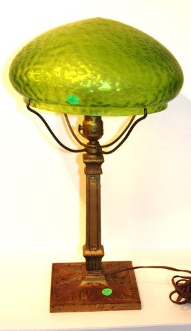 Miller Bronzed and Glass Desk Lamp: Miller lamp with Loetz type Oil Spot glass shade; 18in. H. x 10in. D. shade