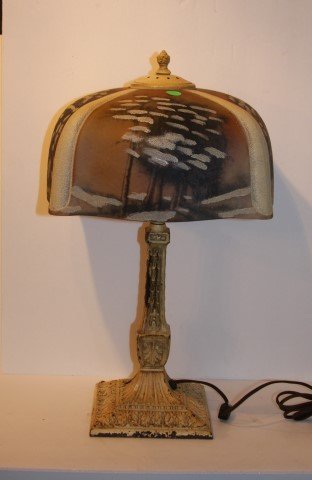 Pittsburgh Reverse Painted Lamp: Reverse painted Winter scene ; 20in. H. x 10in. D.(shade)