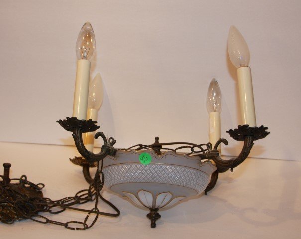 French Bronzed and Opaline Glass Fixture: Four(4) light opaline glass hanging fixture. Bronzed mounts; 27in. Drop x 12.5in. W.