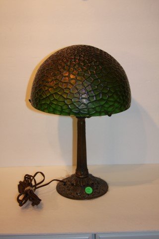 Austrian Art Glass Dome Lamp: Bronzed desk lamp. Loetz type art glass dome shade; 15in. H. x 10in. D.